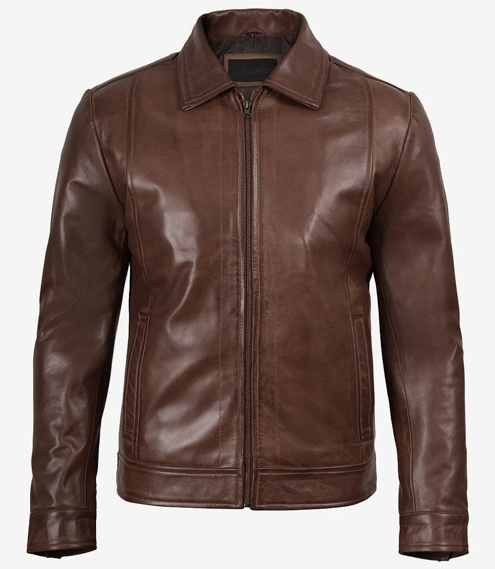 Veste de motard en cuir marron pour hommes