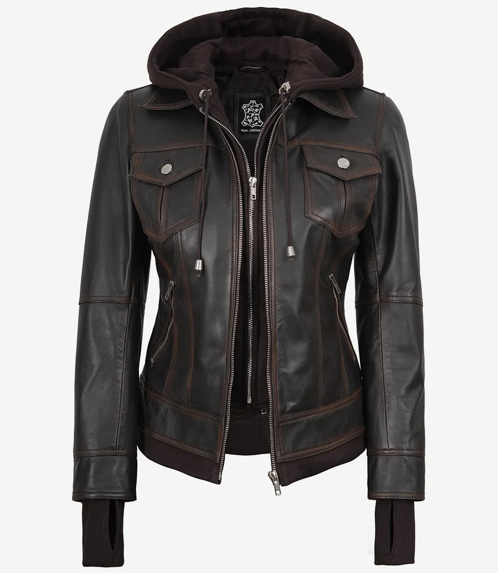 Blouson aviateur en cuir marron foncé Tralee pour femme avec capuche