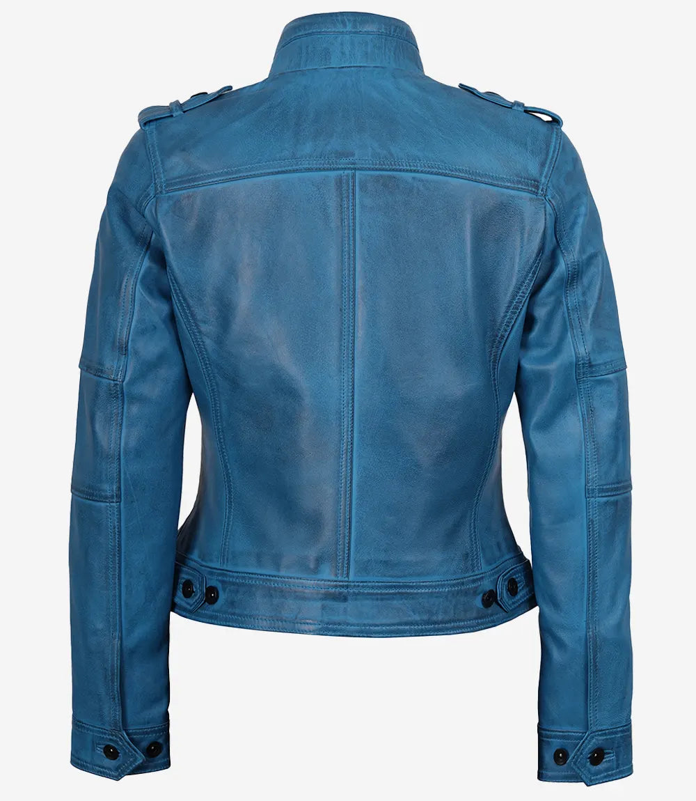 Veste motard en cuir bleu pour femme