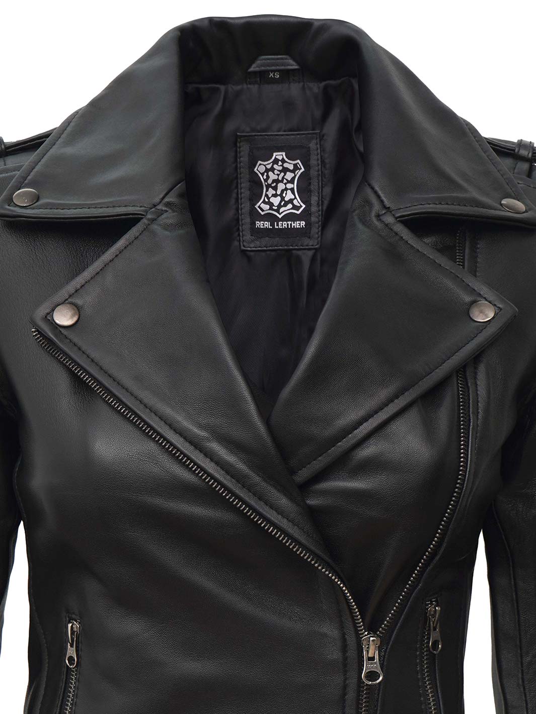 Veste en cuir de motard noir pour femme