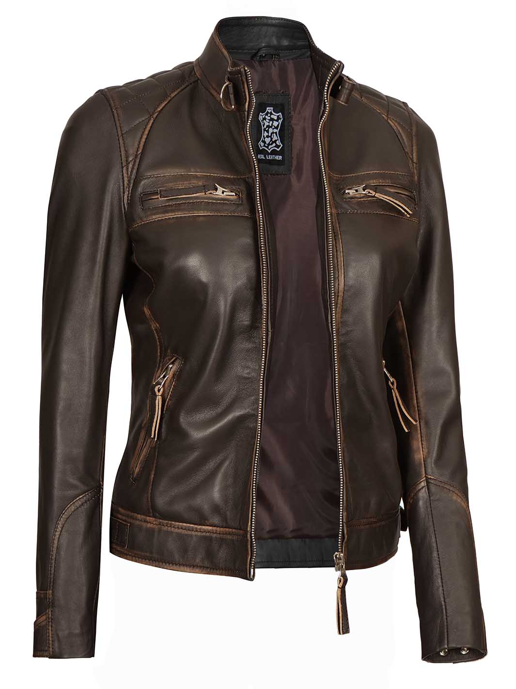 Veste en cuir marron Rub Off pour femme