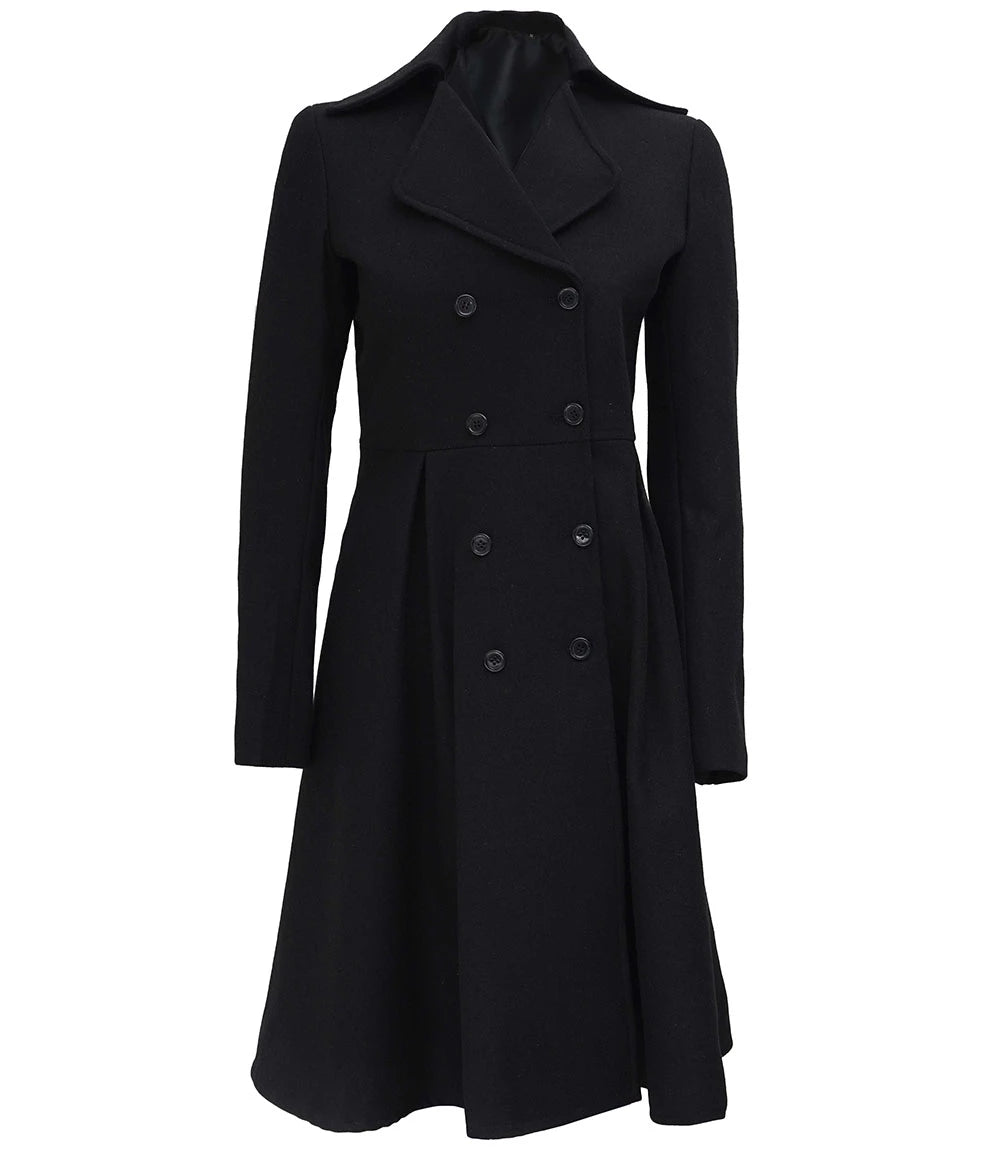 Femme Noir À Double Boutonnage Long Trench En Laine