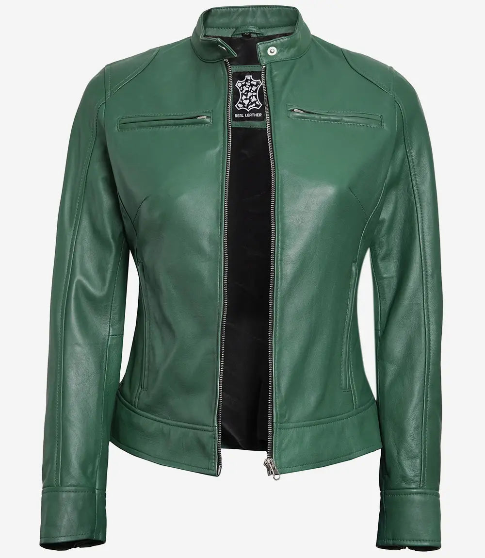 Blouson cuir café racer vert femme