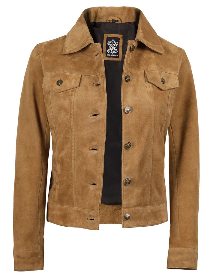Veste camionneur en daim beige clair pour femmes