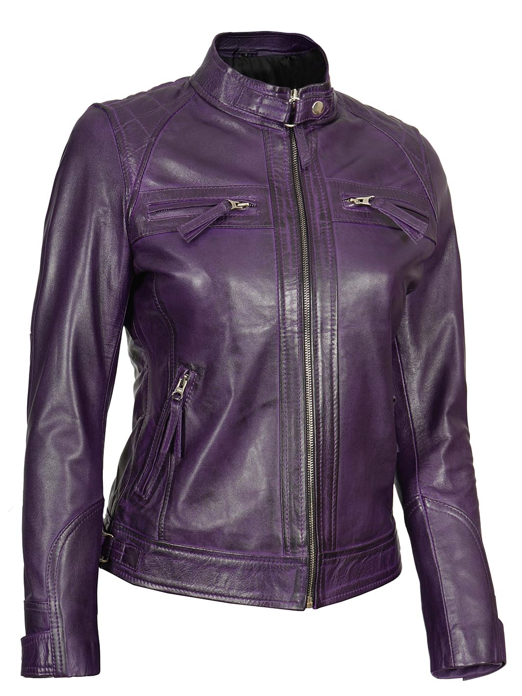 Veste en cuir motard violette pour femme