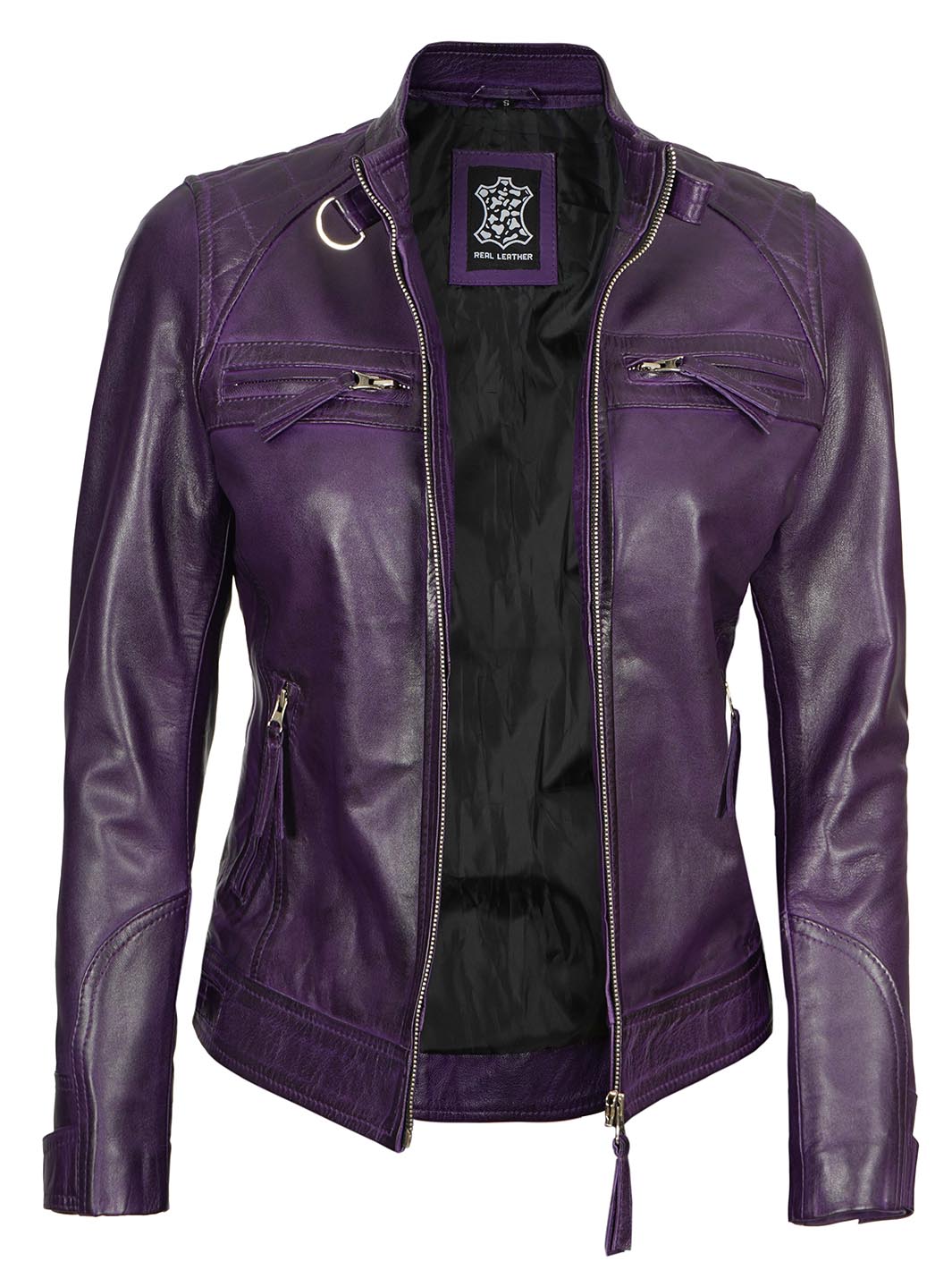 Veste en cuir violet café racer pour femme