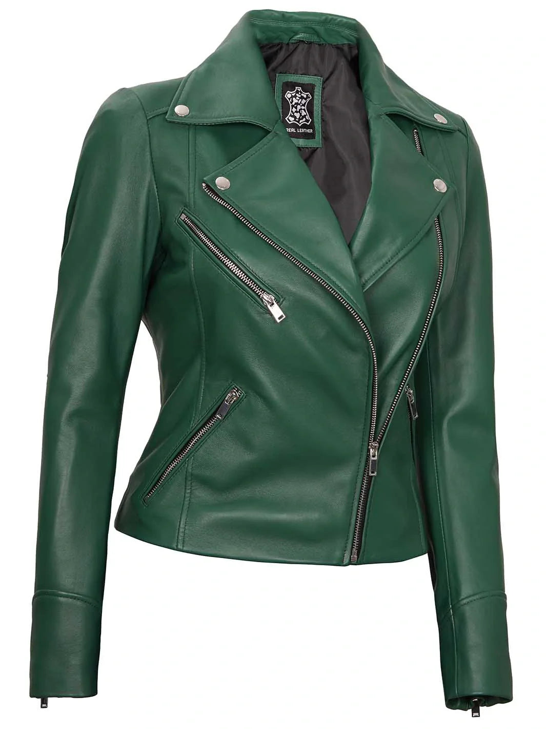 Veste en cuir moto verte pour femme