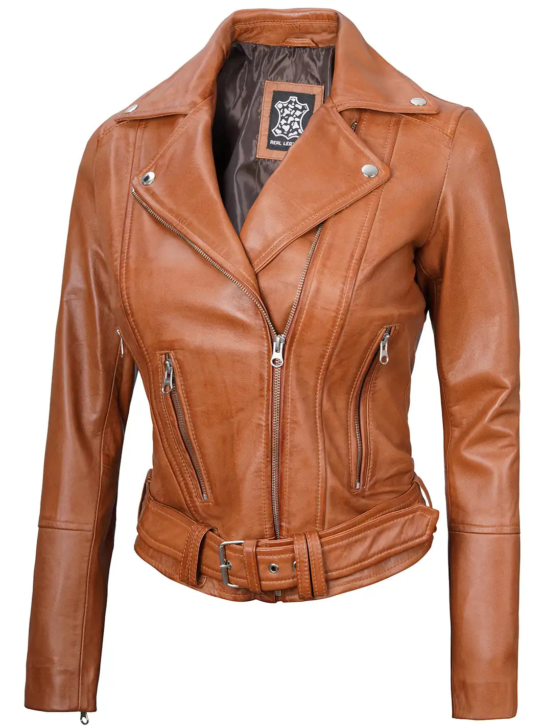 Veste motard en cuir beige pour femme