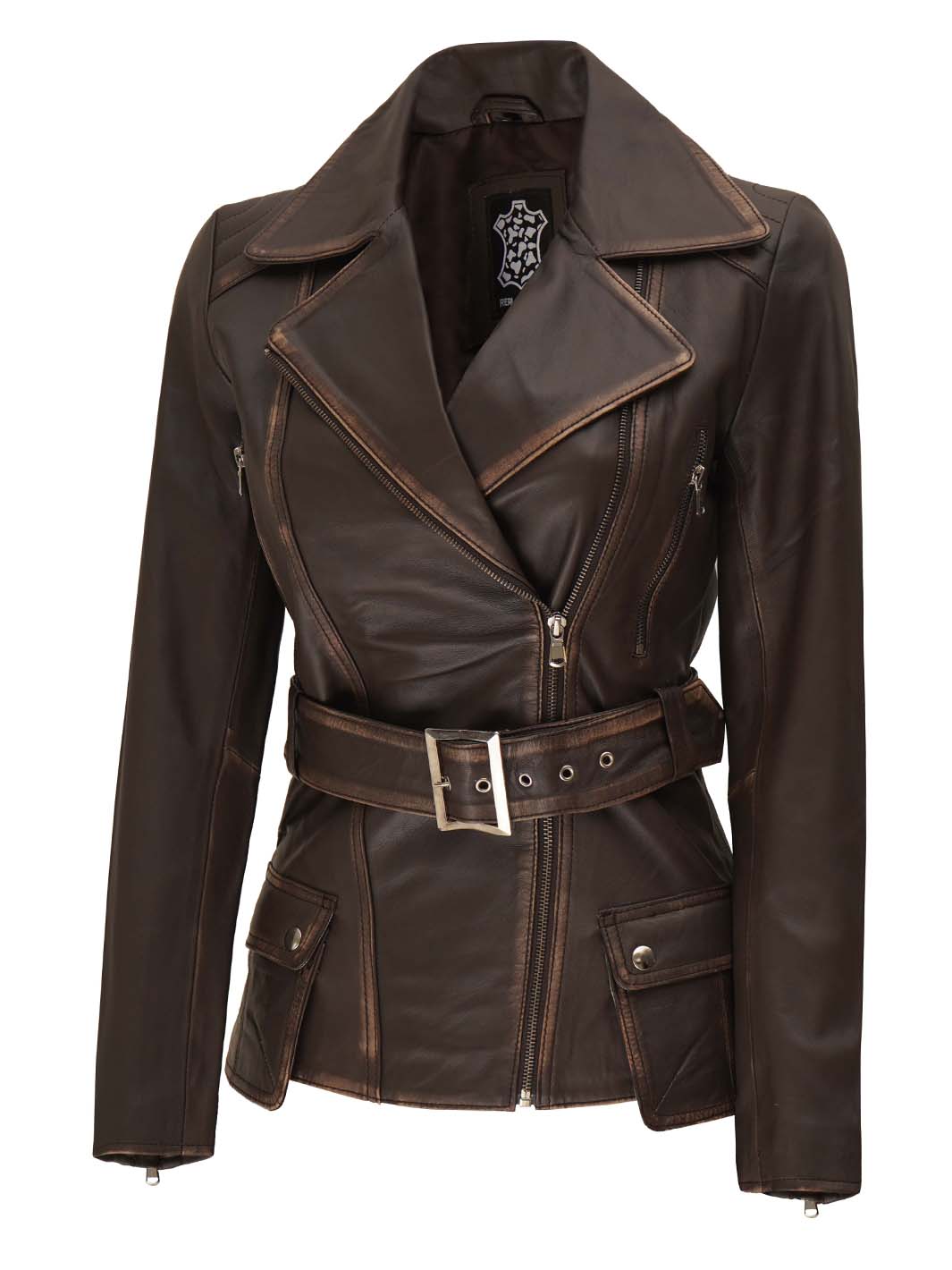 veste en cuir marron ceinturée femme
