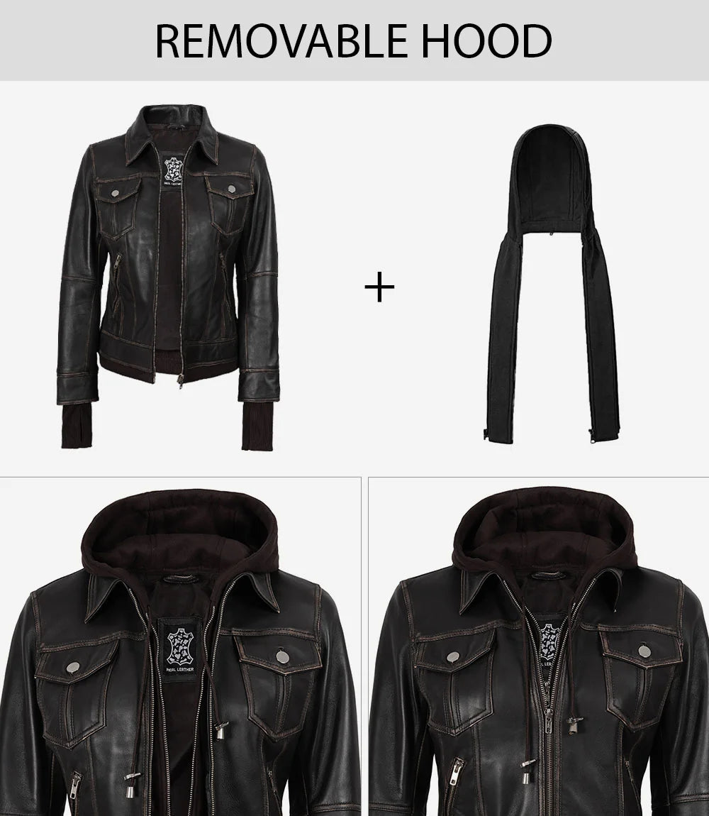 Veste en cuir à capuche Femme