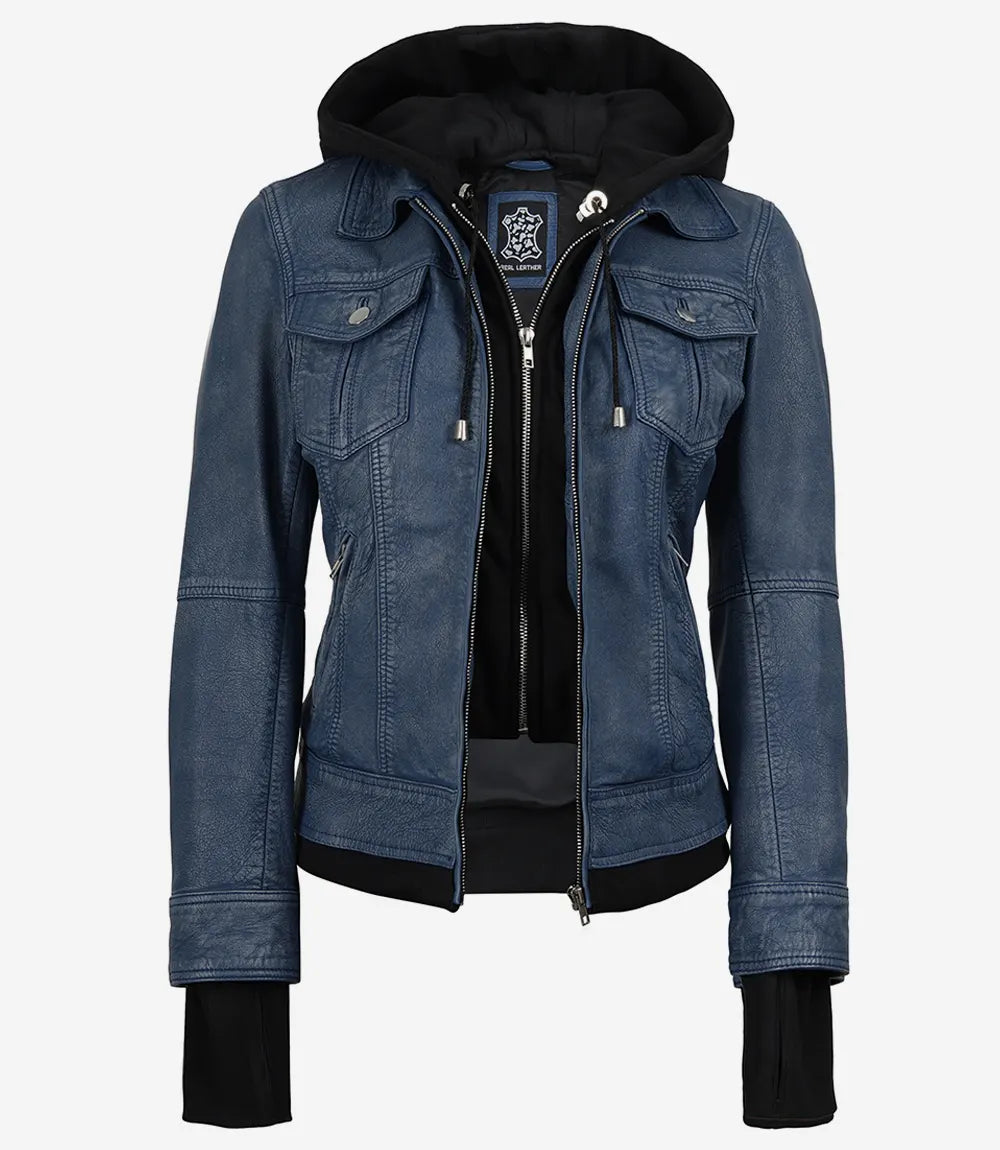 Femmes Bleu Denim Style Lavé Cuir Veste