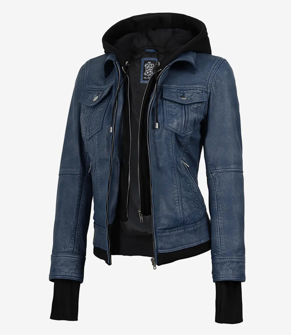 Femmes Bleu Denim Style Lavé Cuir Veste