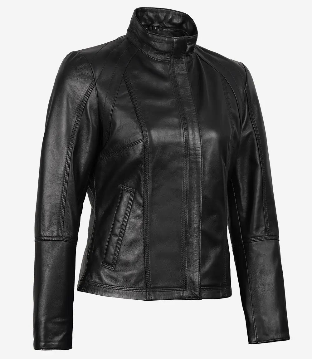 Veste de moto en cuir noir pour femme style Cafe Racer