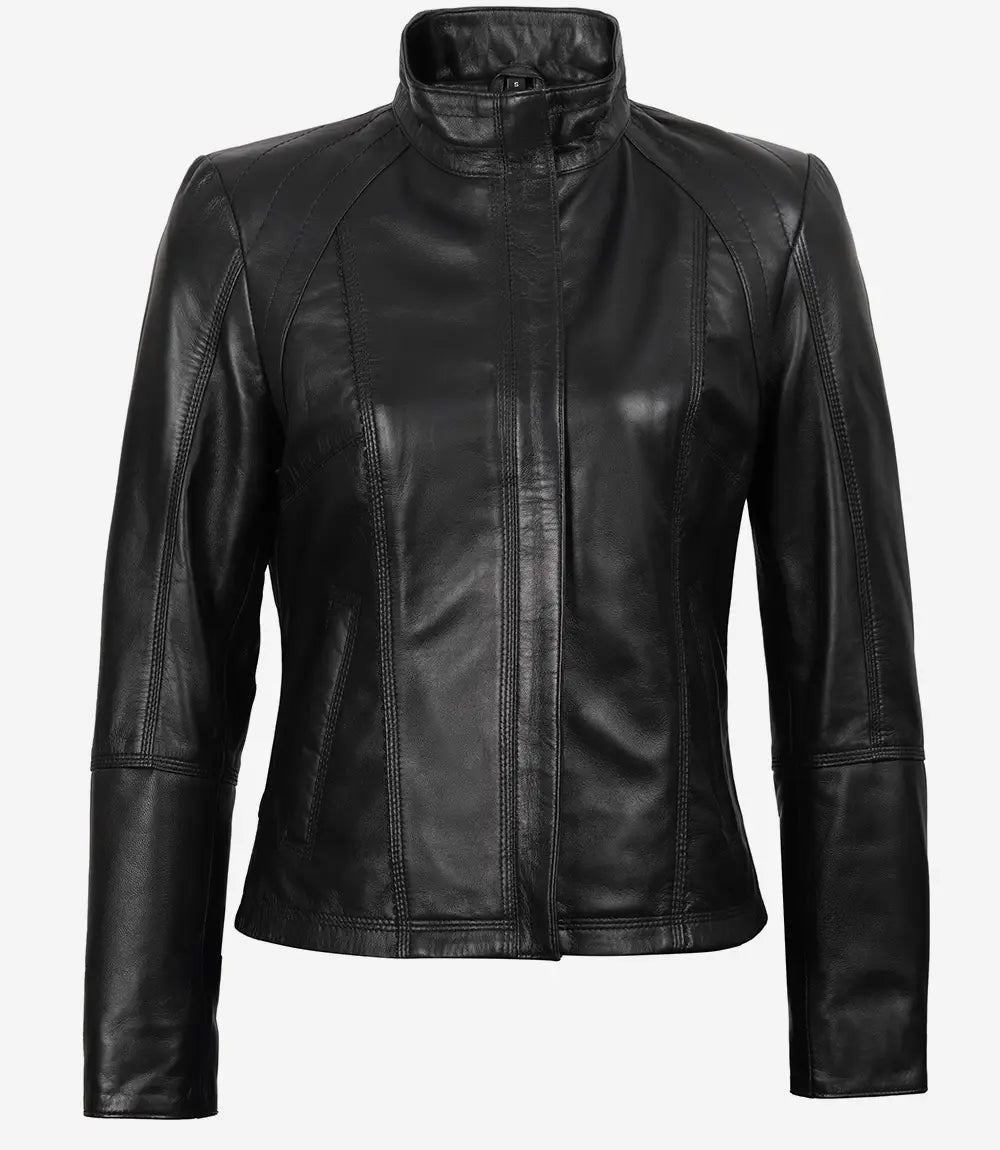 Veste de moto en cuir noir pour femme style Cafe Racer