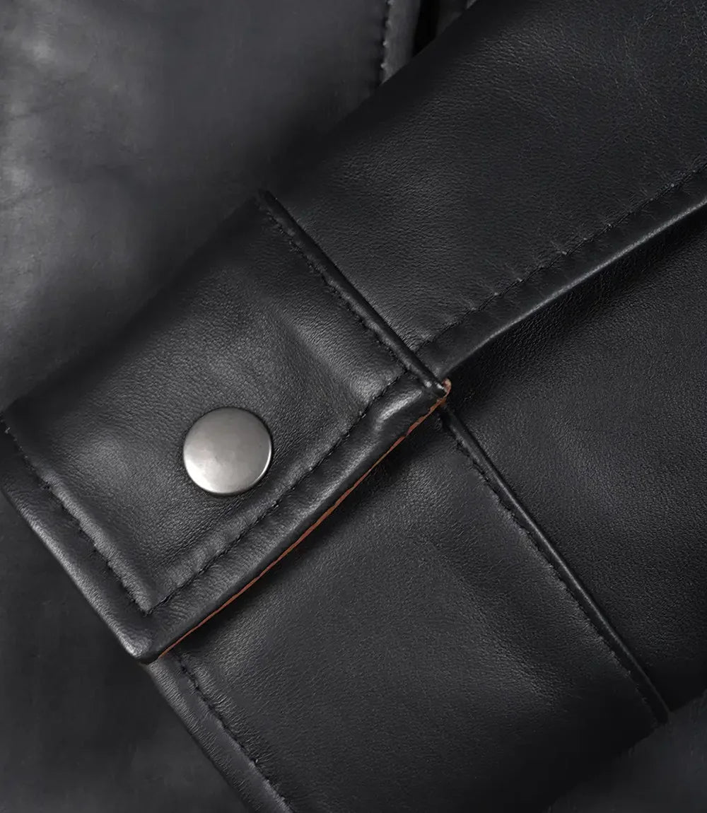 Femmes Large Revers Noir Cuir Veste