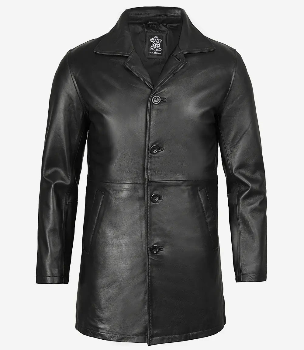 Manteau de voiture en cuir noir 3/4 de longueur pour hommes