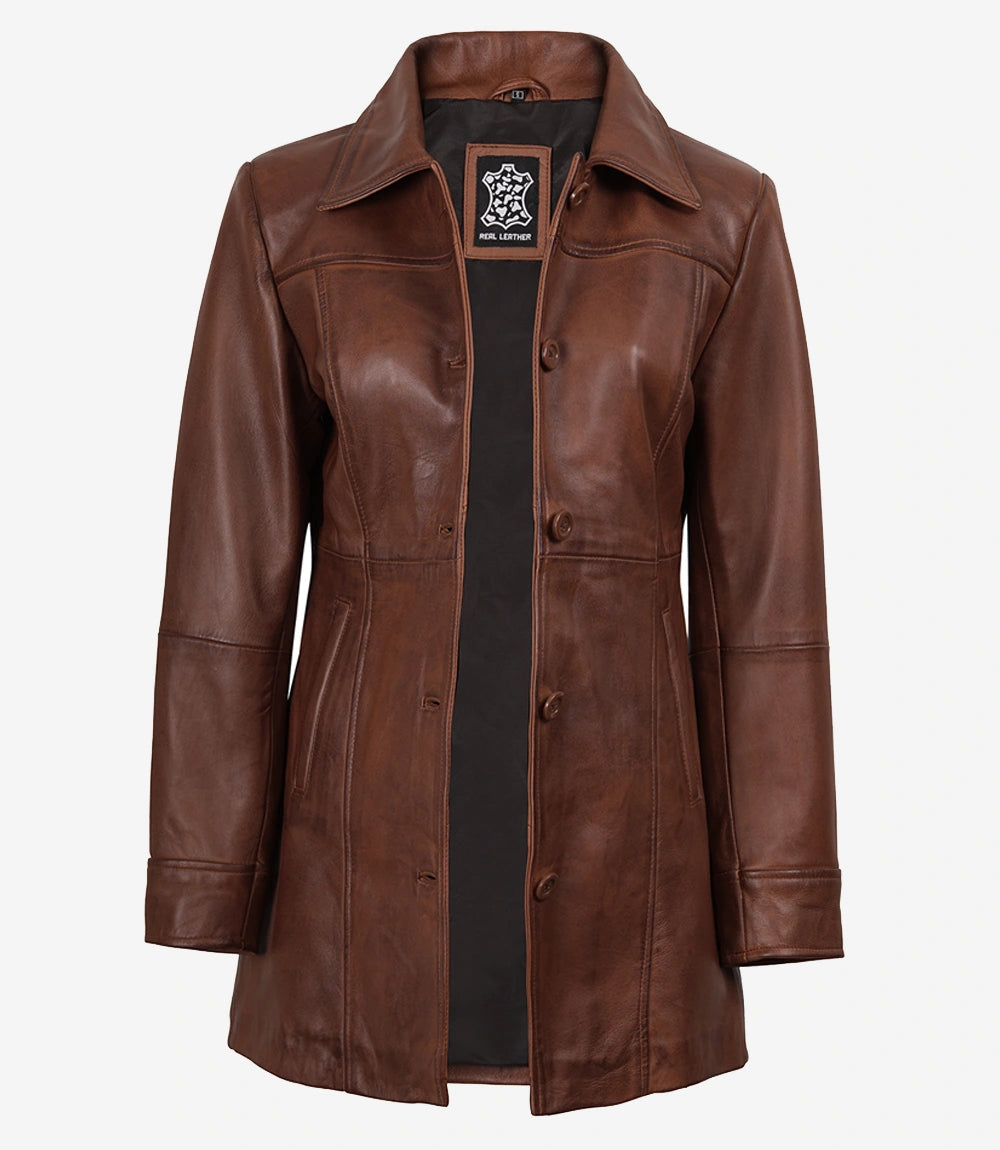 Manteau de voiture en cuir cognac femme
