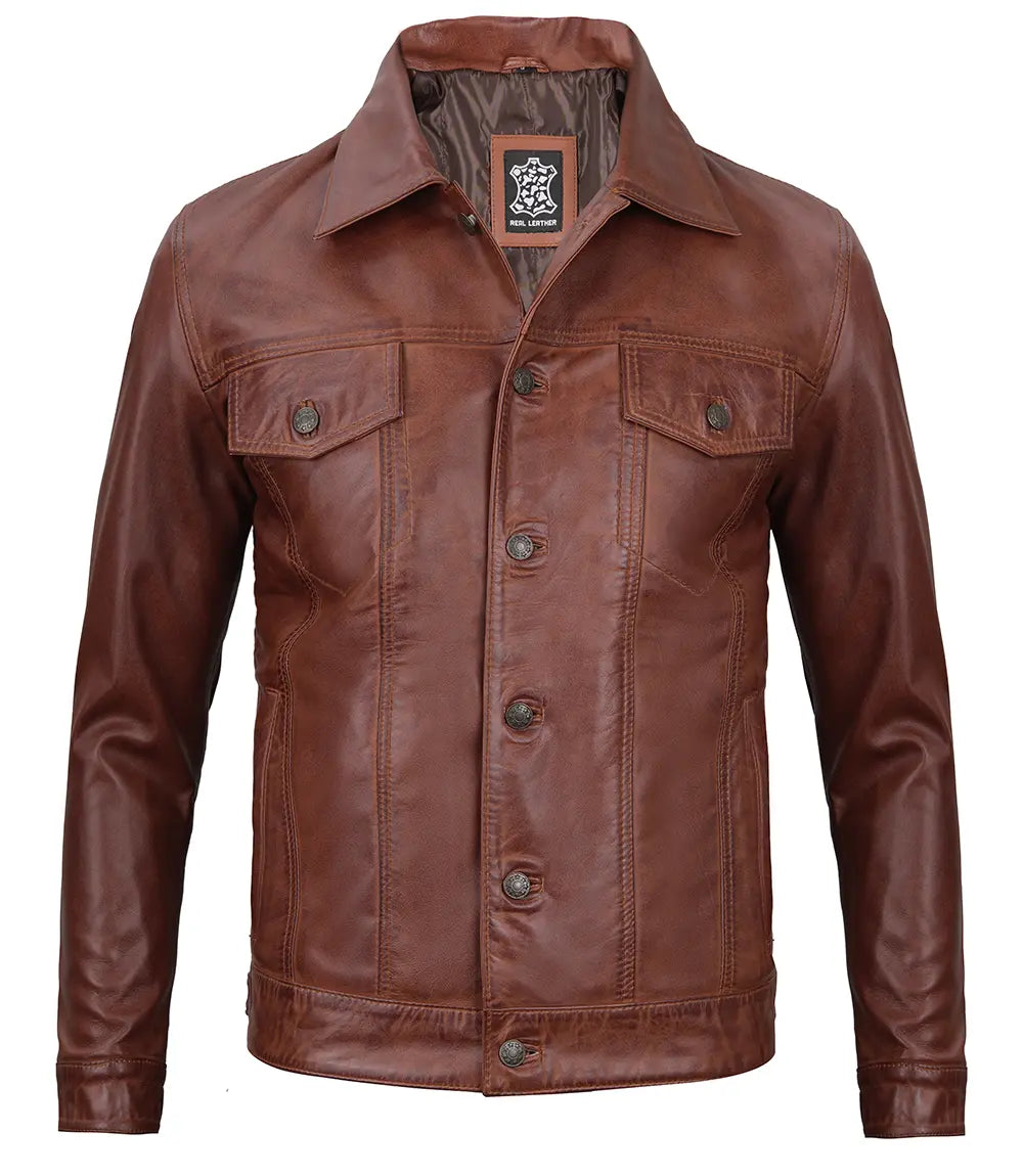 veste en cuir marron cognac pour homme
