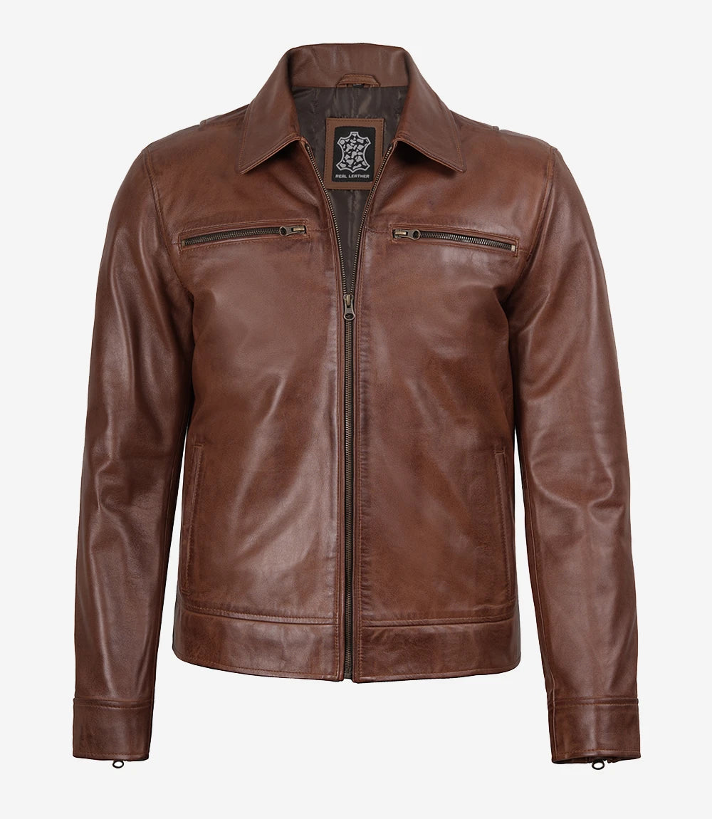 Veste en cuir marron cognac pour homme - Style col chemise