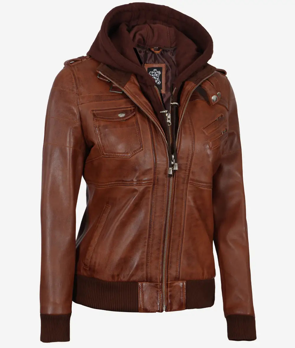 Blouson bomber en cuir à capuche pour femme