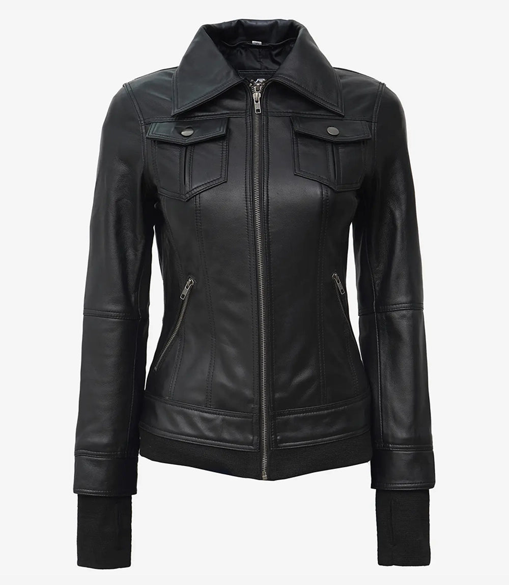 Veste de moto en cuir noir avec capuche pour femme
