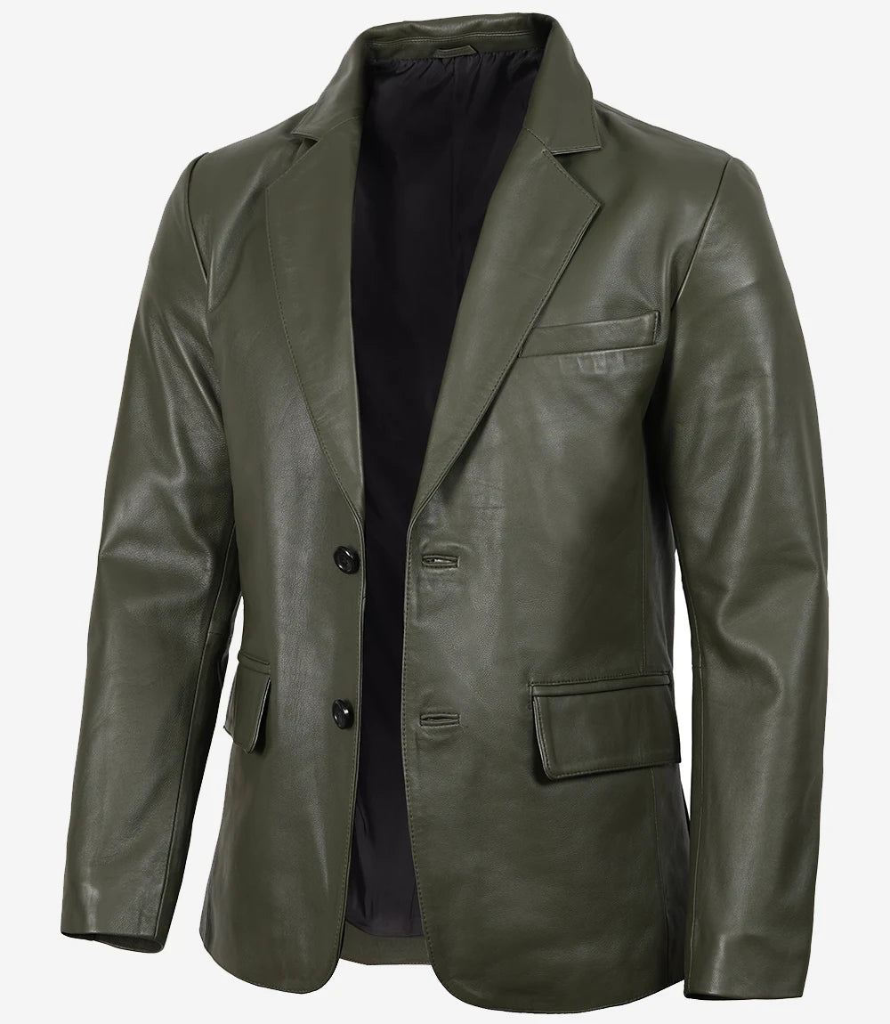 Men's Dark Green Blazer Real Leather Jacket