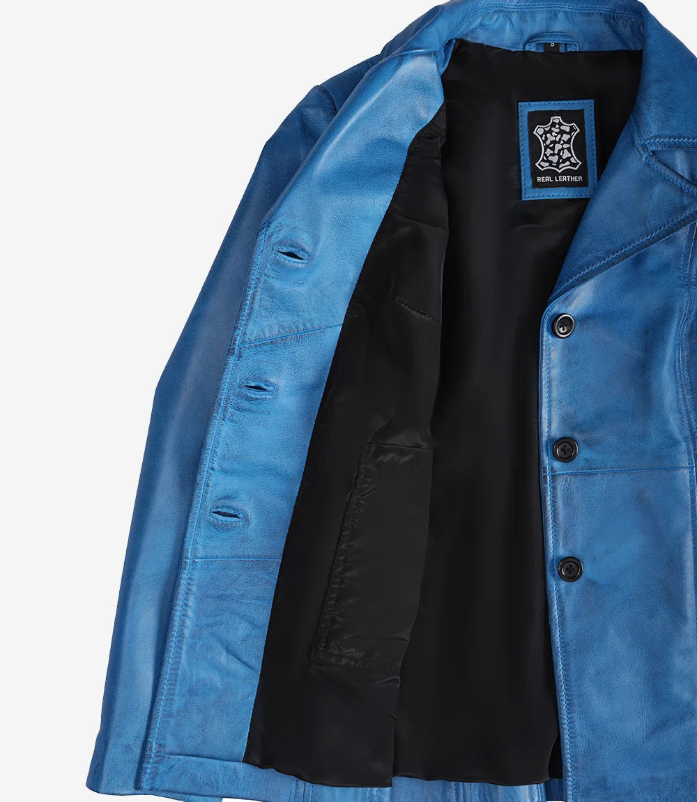 Manteau bleu en cuir véritable pour femme