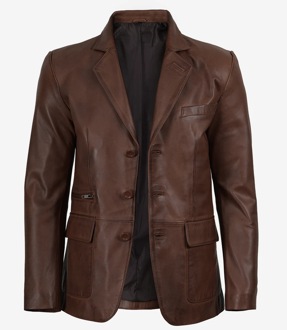 Hommes Cognac Cuir Blazer