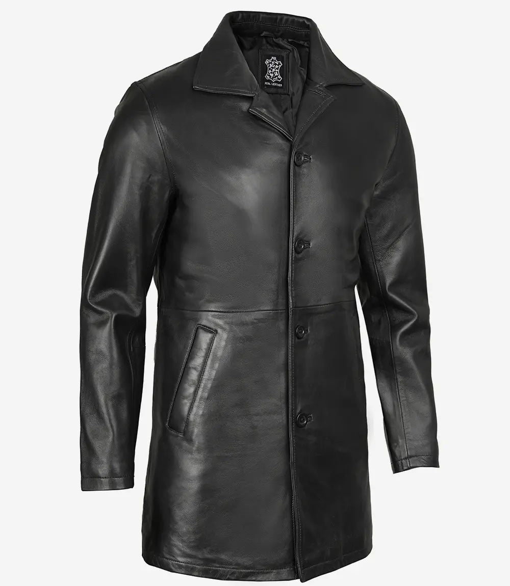 Manteau de voiture en cuir noir 3/4 de longueur pour hommes