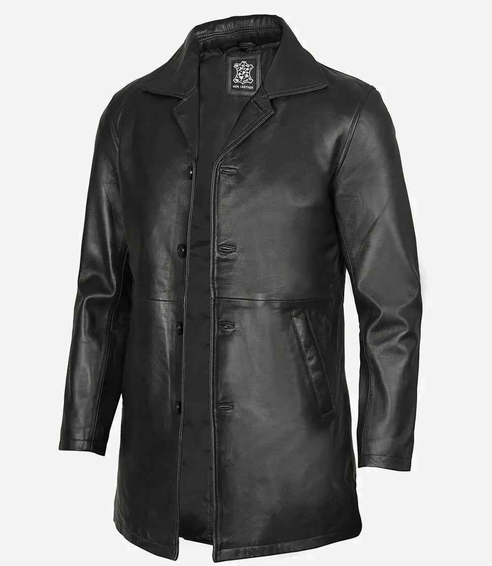 Manteau de voiture en cuir noir 3/4 de longueur pour hommes