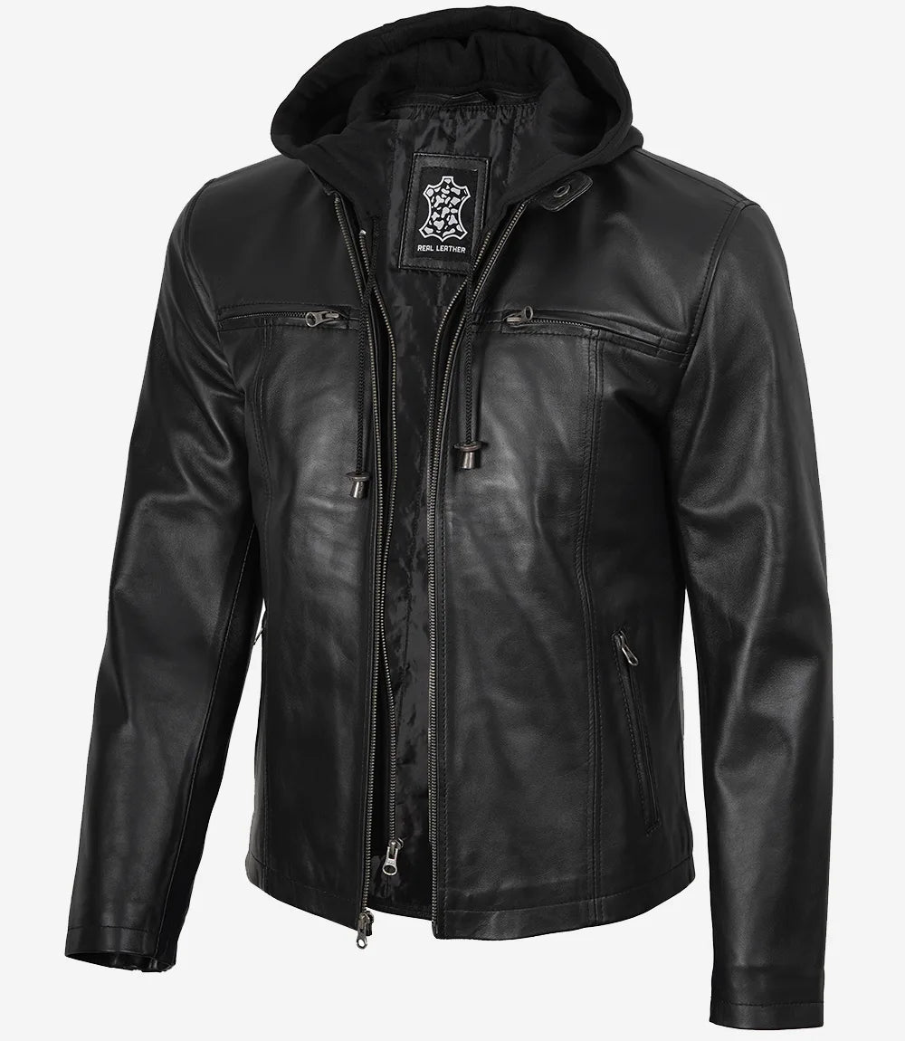 veste en cuir noire à capuche pour homme