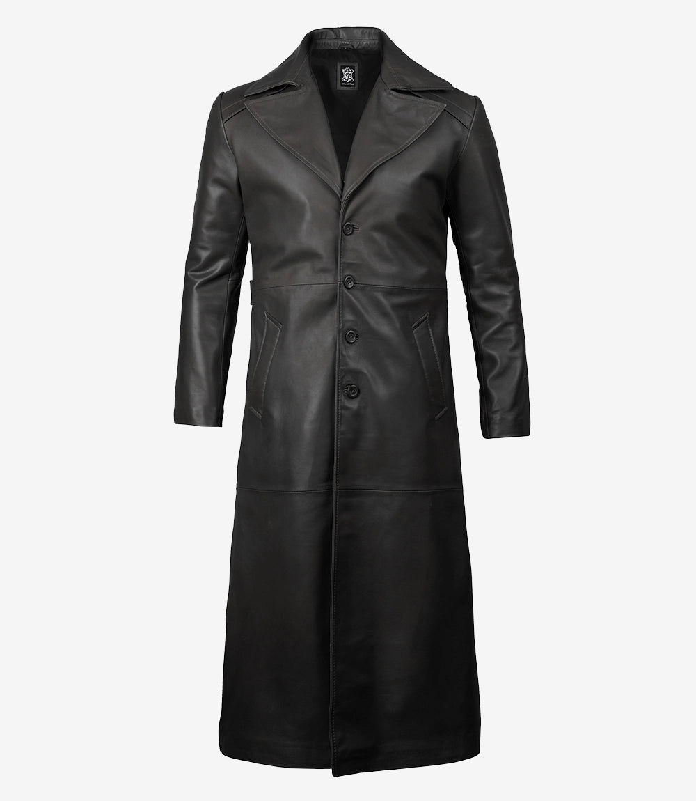 Manteau long en cuir noir pour hommes