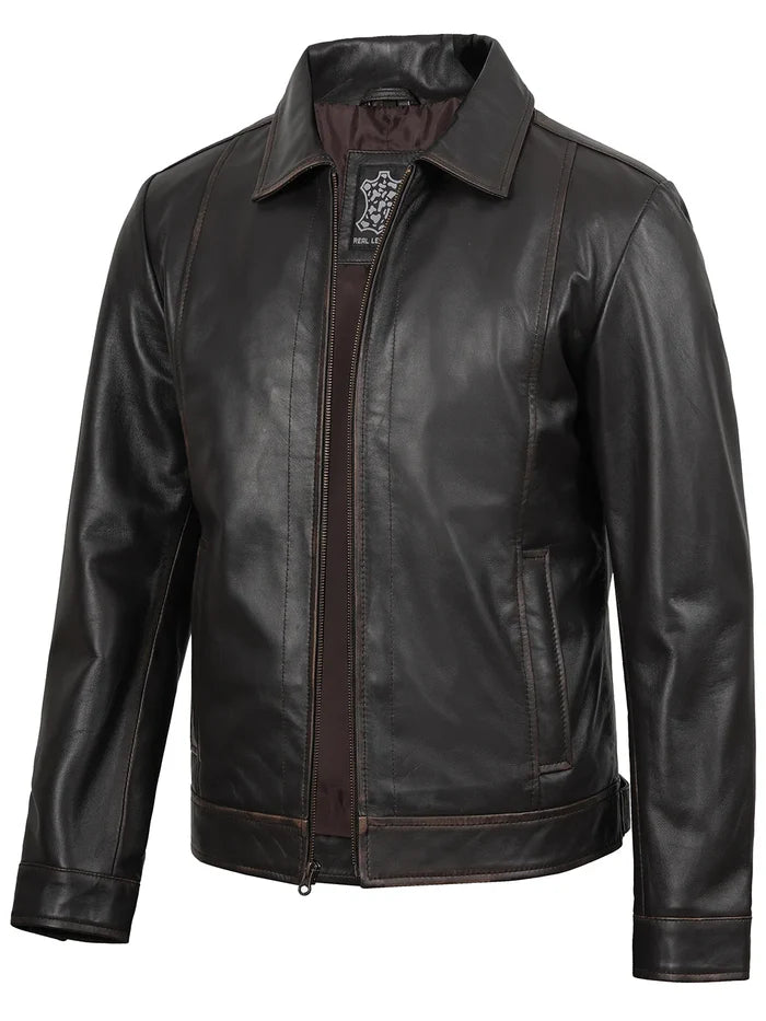 Veste de moto en cuir marron foncé pour homme