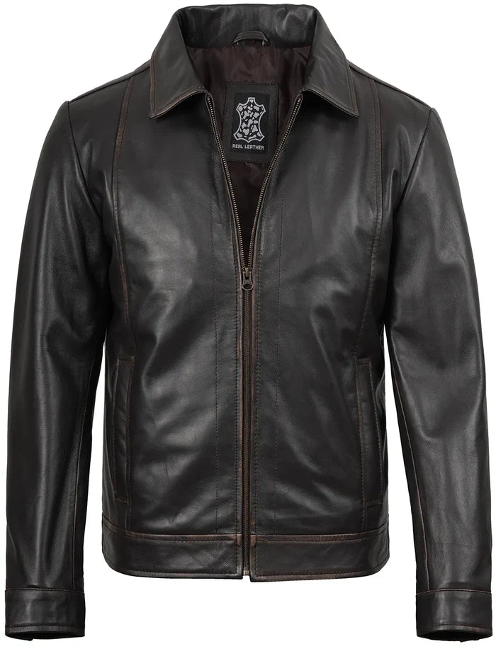 Veste de moto en cuir marron foncé pour homme