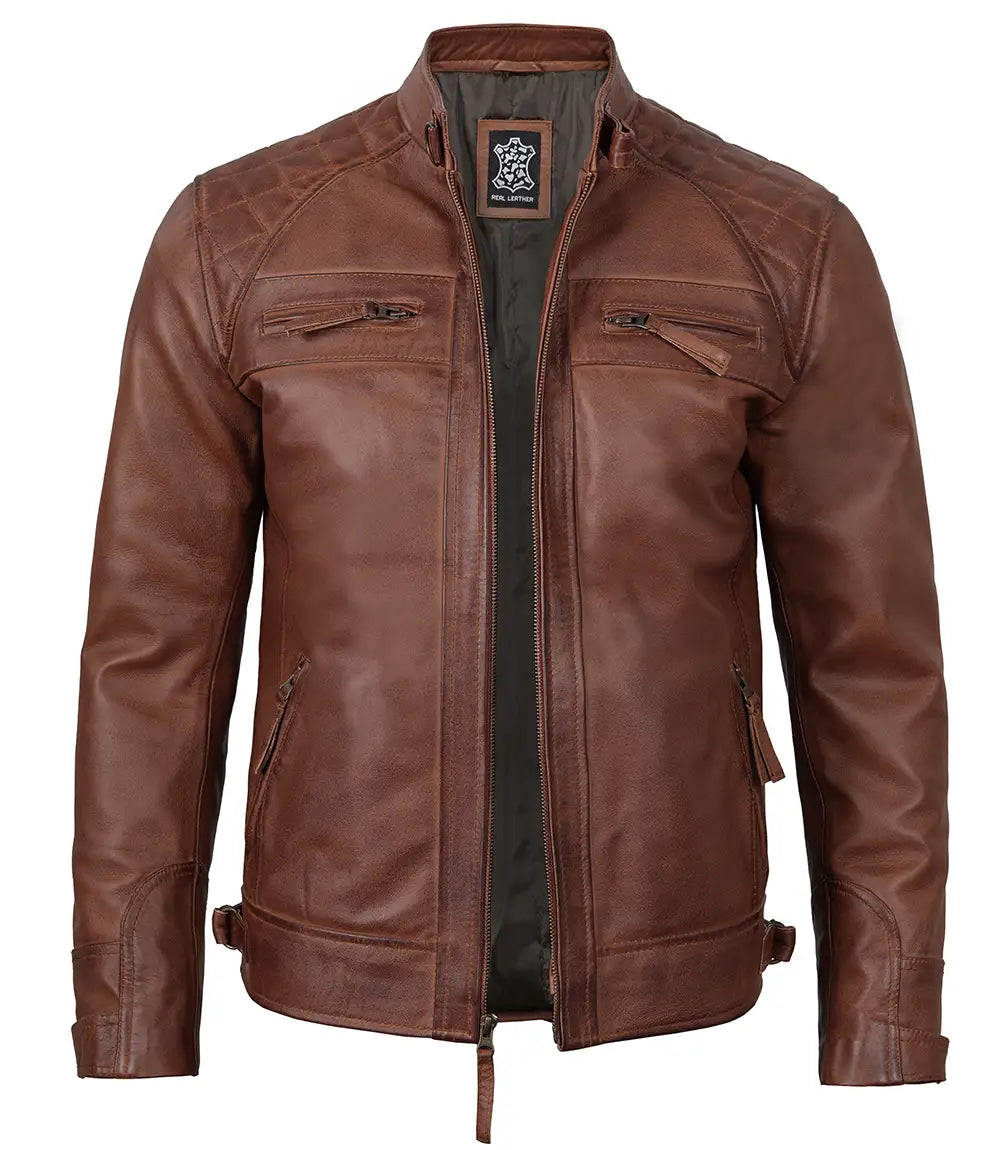 veste marron en cuir véritable pour homme