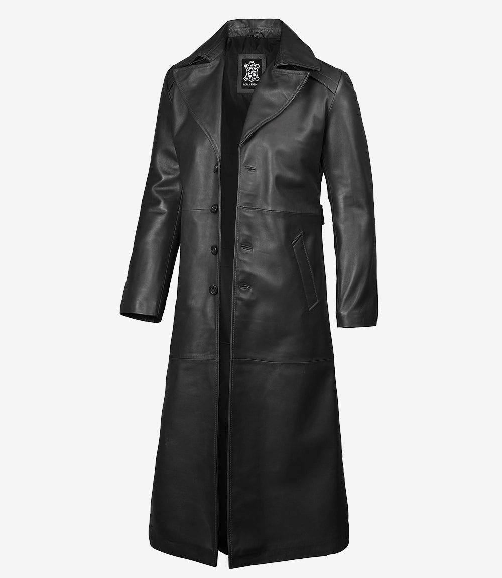 Manteau long en cuir noir pour hommes