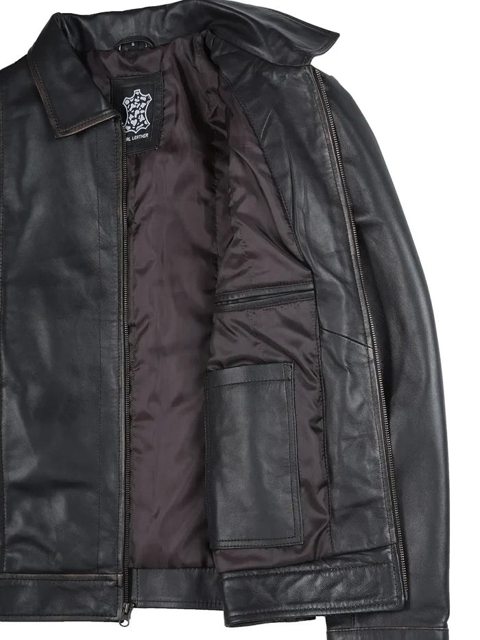 Veste de moto en cuir marron foncé pour homme