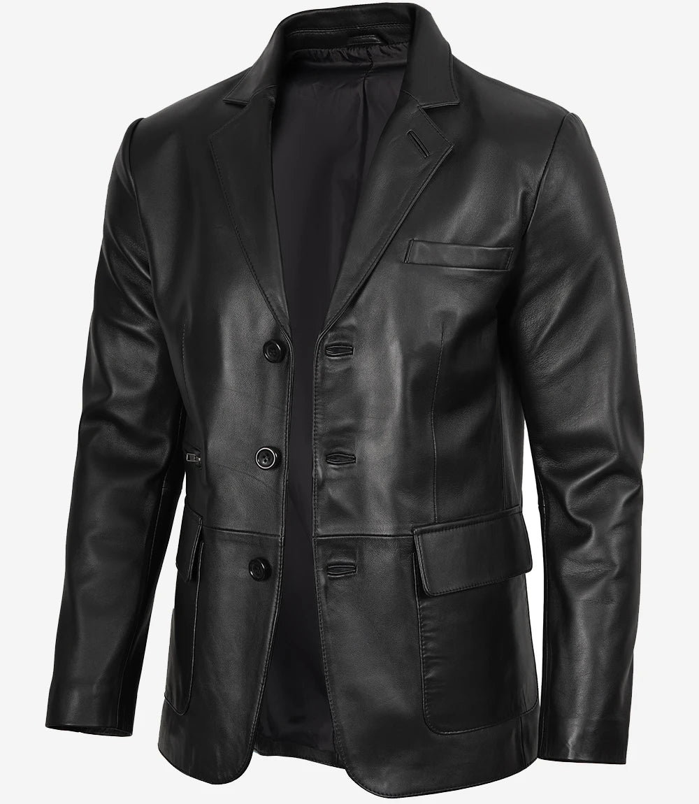 Blazer en cuir noir à trois boutons pour homme