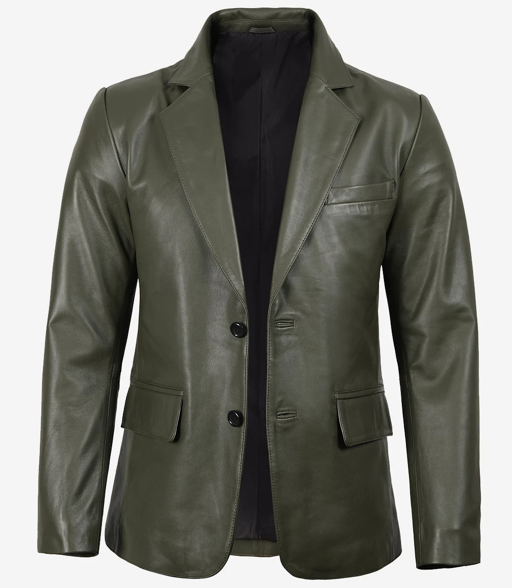 Men's Dark Green Blazer Real Leather Jacket