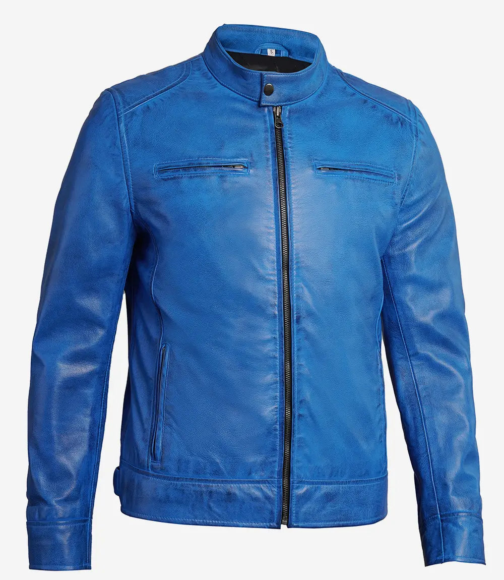 veste motard en cuir bleu pour homme