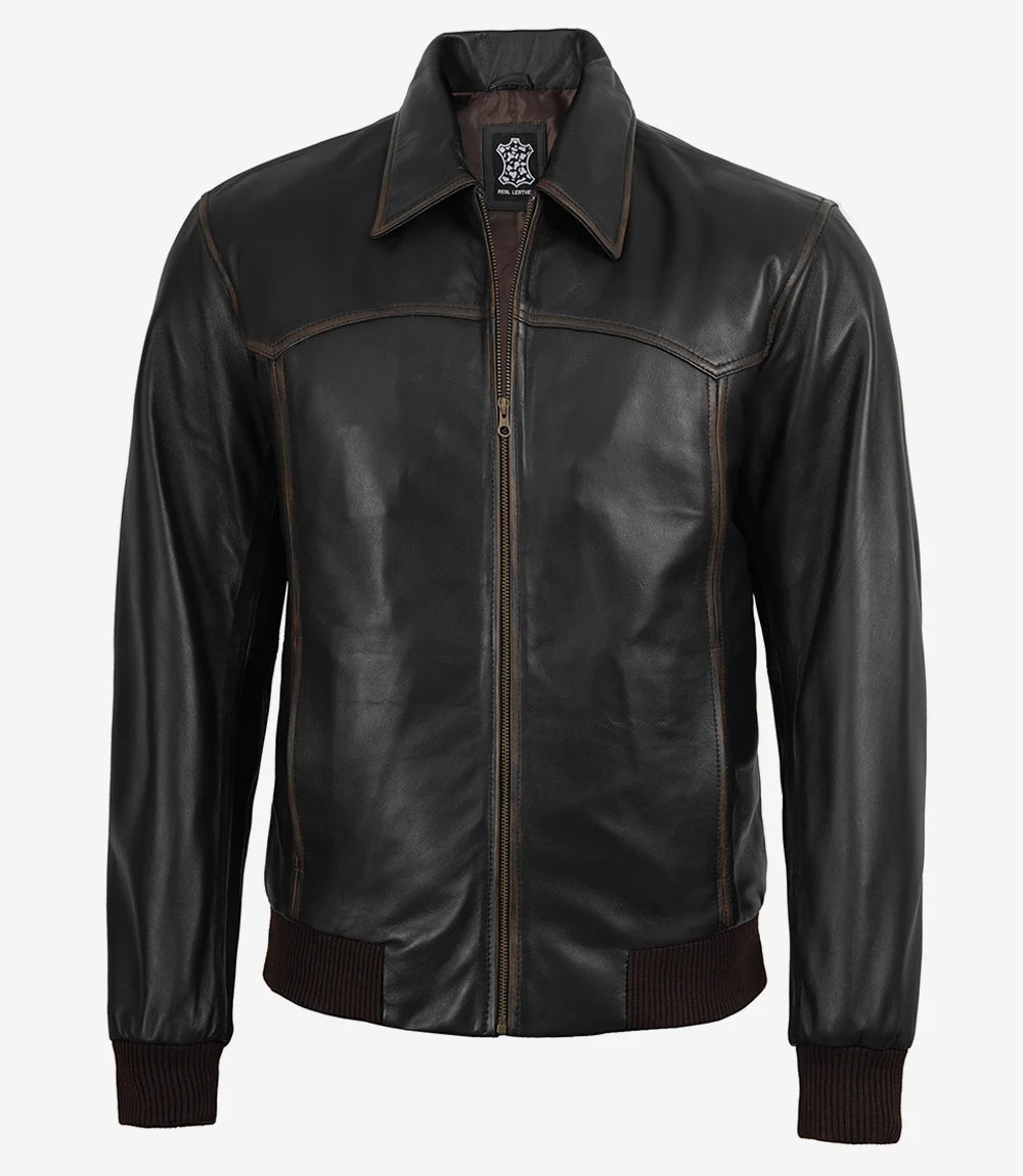 Hommes Sombre Brun Bombardier Cuir Veste