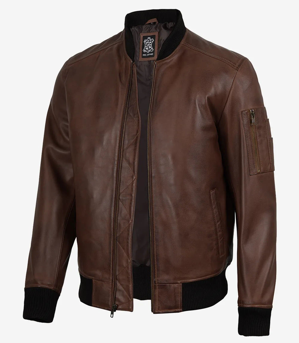 Blouson Aviateur Bomber en Cuir pour Marron Cognac Homme en Cuir