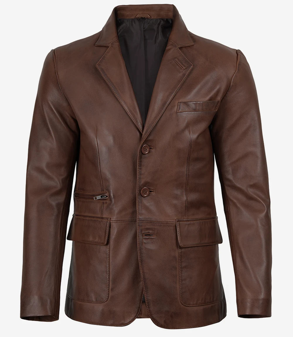 Hommes Cognac Cuir Blazer