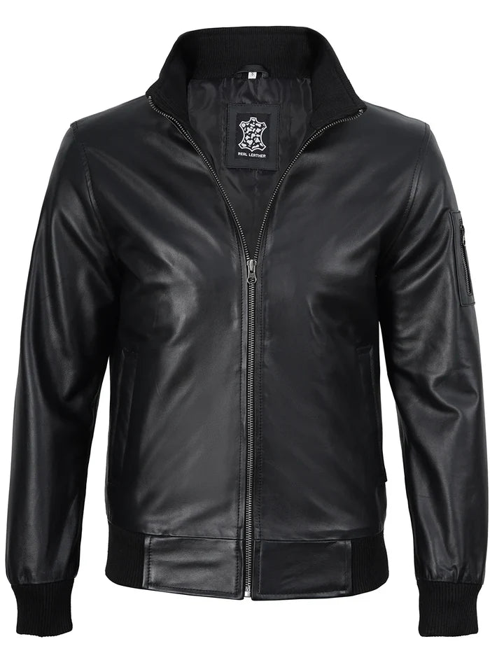 Blouson aviateur en cuir de vachette véritable noir pour homme