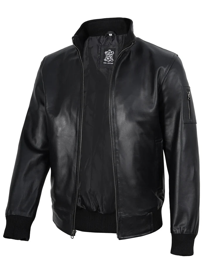 Blouson aviateur en cuir de vachette véritable noir pour homme