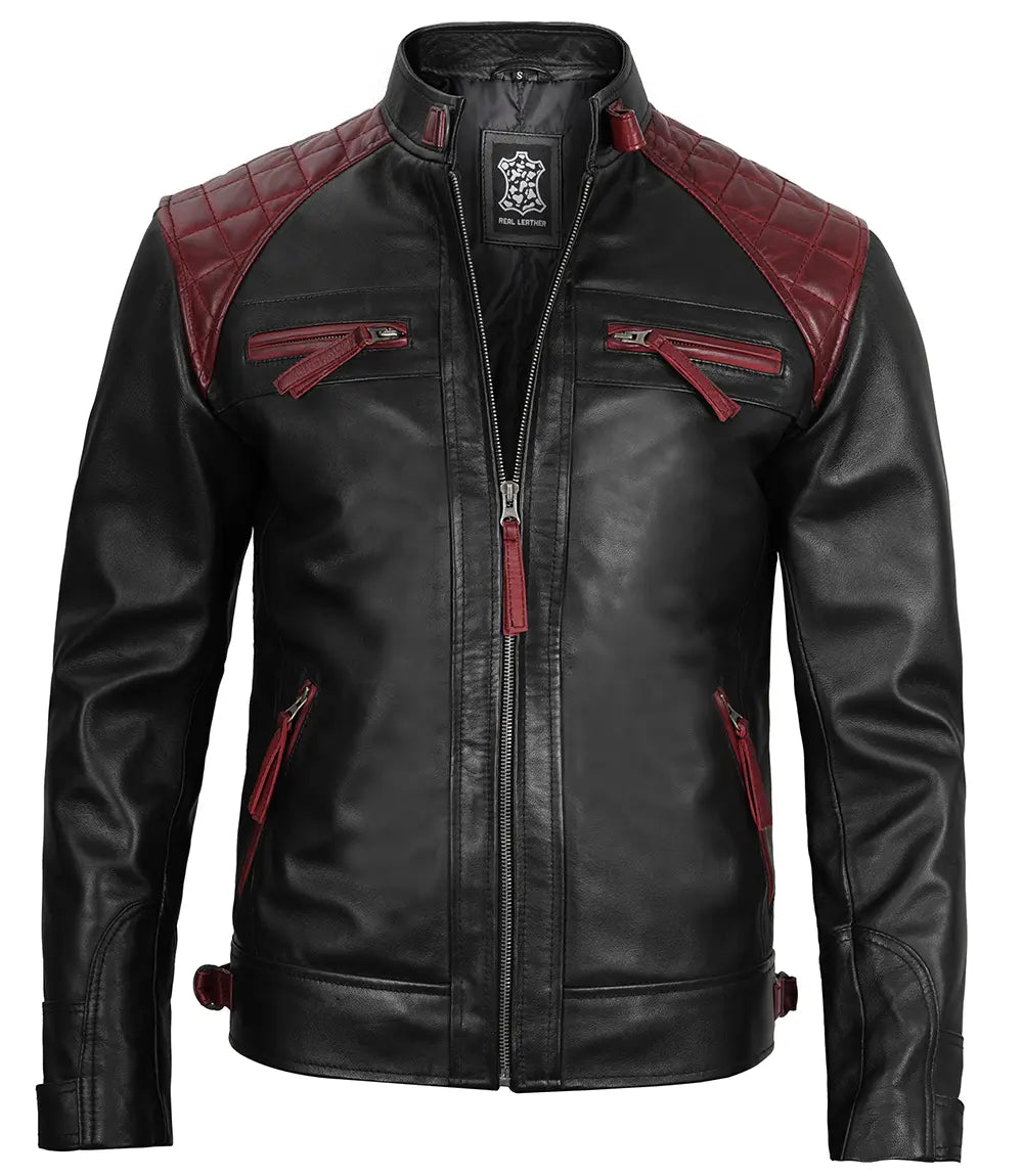 veste en cuir rouge et noire pour homme
