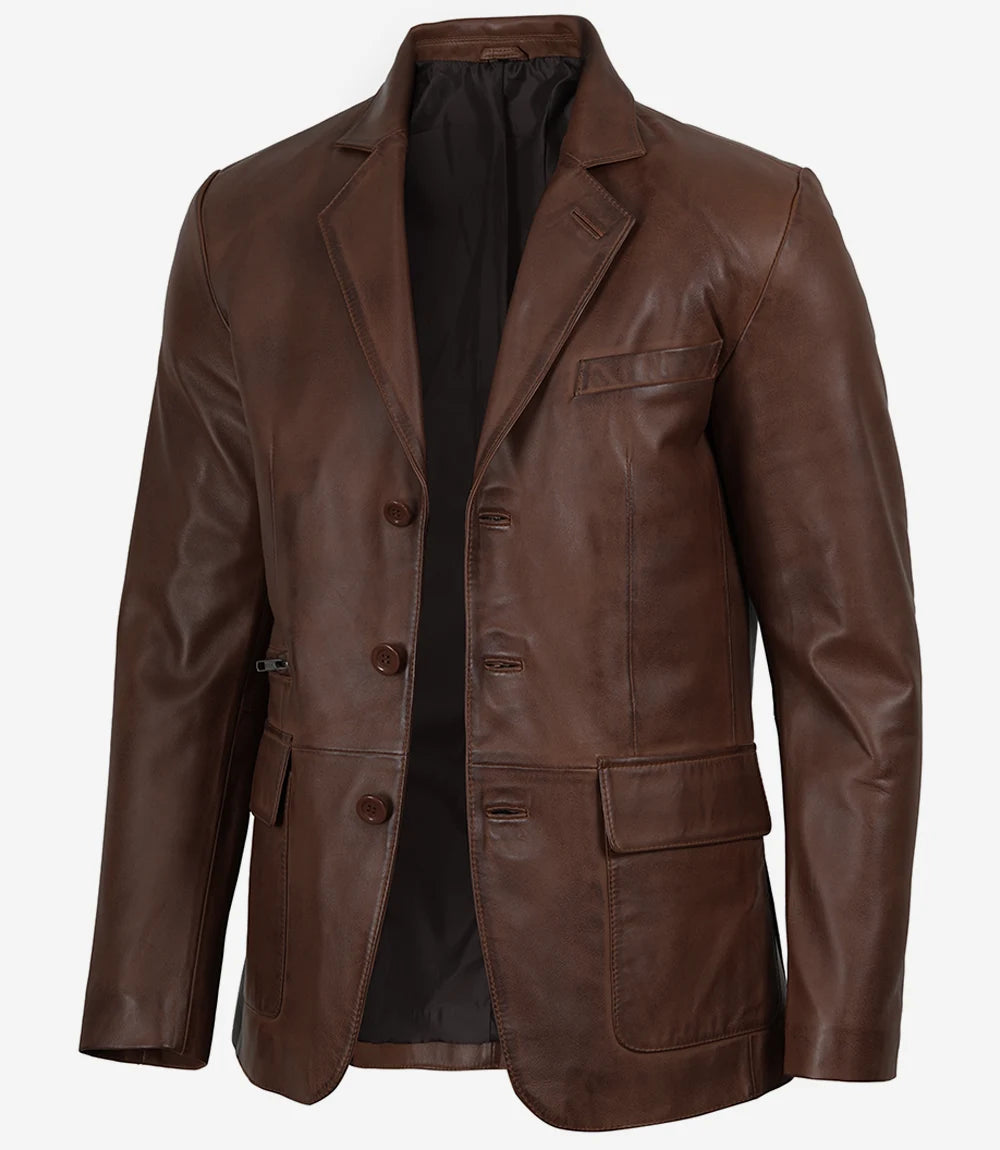 Hommes Cognac Cuir Blazer