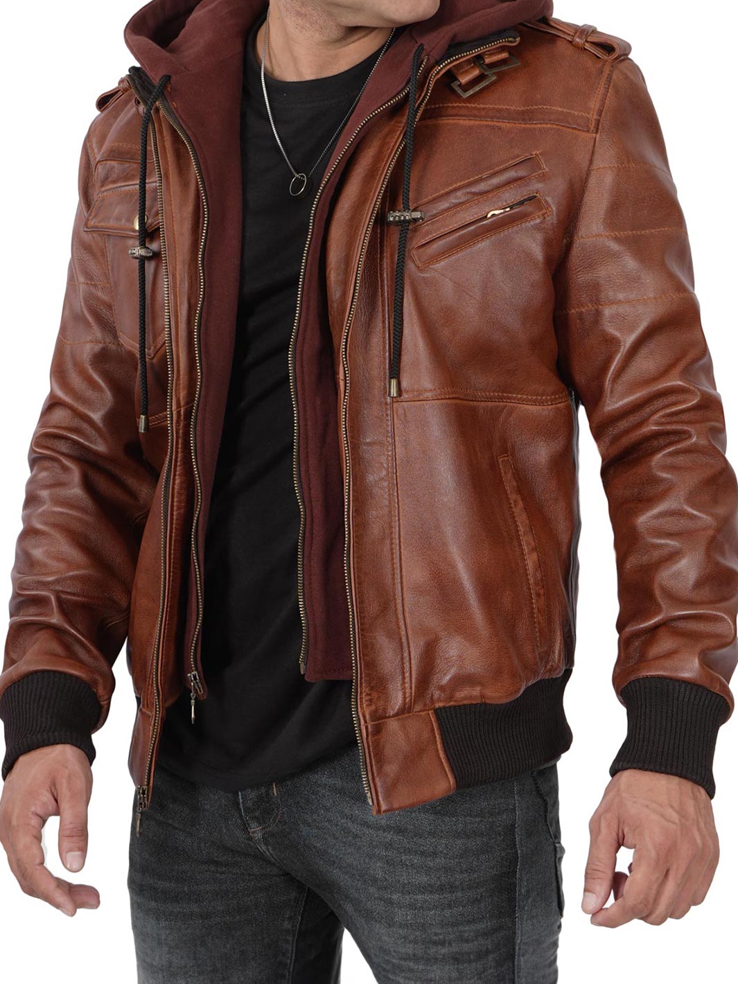 Veste en cuir marron pour homme avec capuche