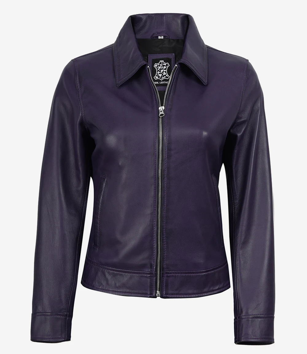 Femmes Violette Chemise Col Cuir Veste