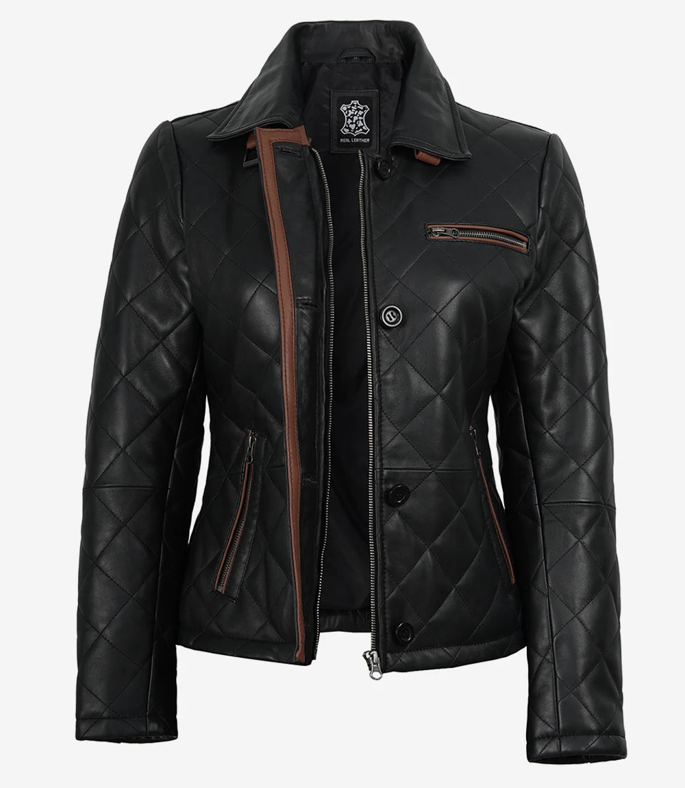 Femmes Noir Cuir Veste avec Brun Garniture